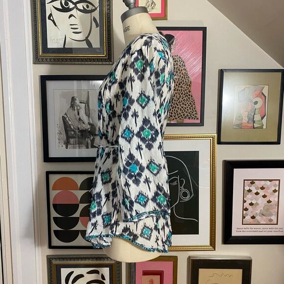 Calypso St Barth Women’s Size Large Fit Flare Blouse White Turquoise Tie Waist - Picture 3 of 8